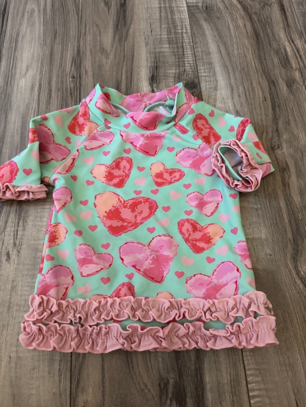 Mint Green & Pink Heart Ruffle Rash Guard Swim Top 6-12 months